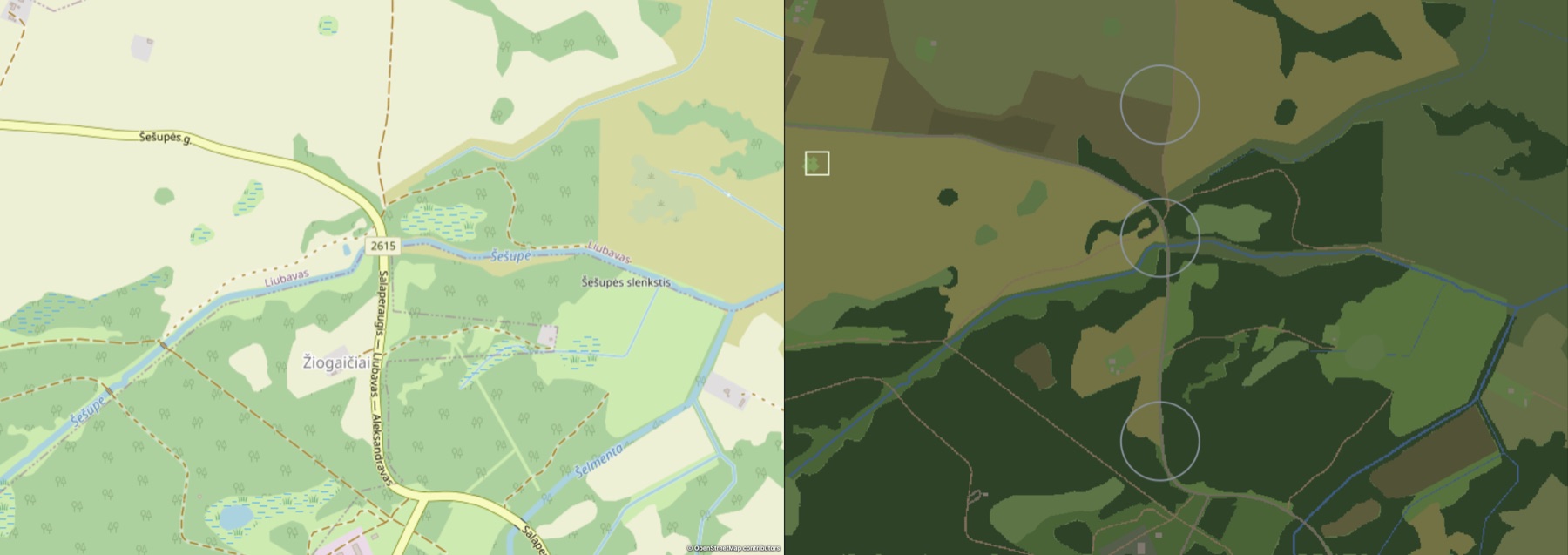 The same 2 by 1.5 kilometre stretch of the Suwałki Gap, shown twice: OpenStreetMap’s own render on the left, the game’s tactical map on the right, with the rivers, woodlines and road junctions in the same places.